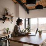 Side view of young female in casual clothes typing message on laptop while sitting at wooden table in kitchen